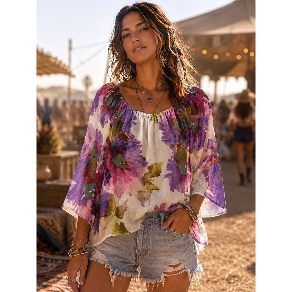 Habitat Floral Linen Blend Blouse Womens Small Purple Pink Watercolor 3/4 Sleeve